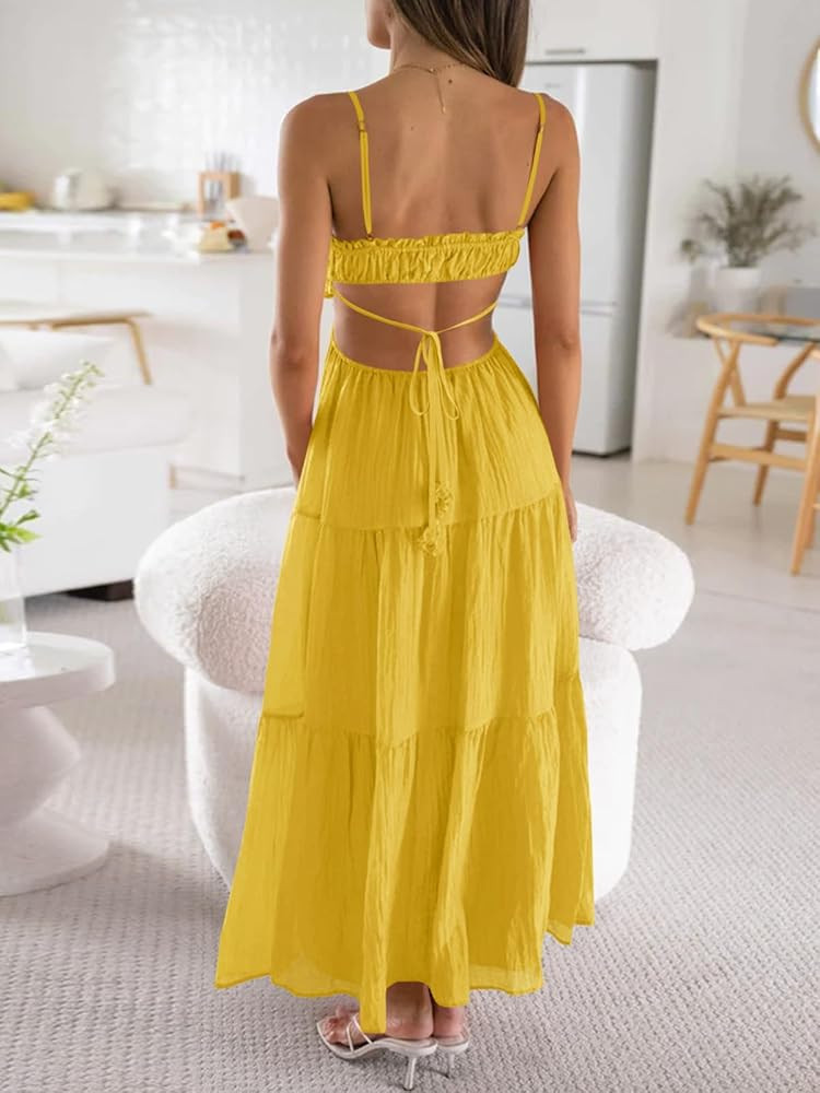Fisoew Women's Spaghetti Strap Maxi Dress Summer Sleeveless Side Cut Out Dress Casual Boho Backle... | Amazon (US)