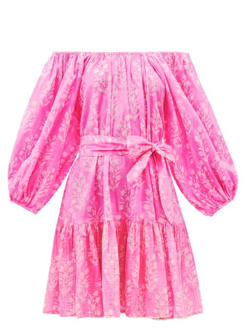 Juliet Dunn - Floral-print Off-the-shoulder Cotton-voile Dress - Womens - Pink Print | Matches (US)