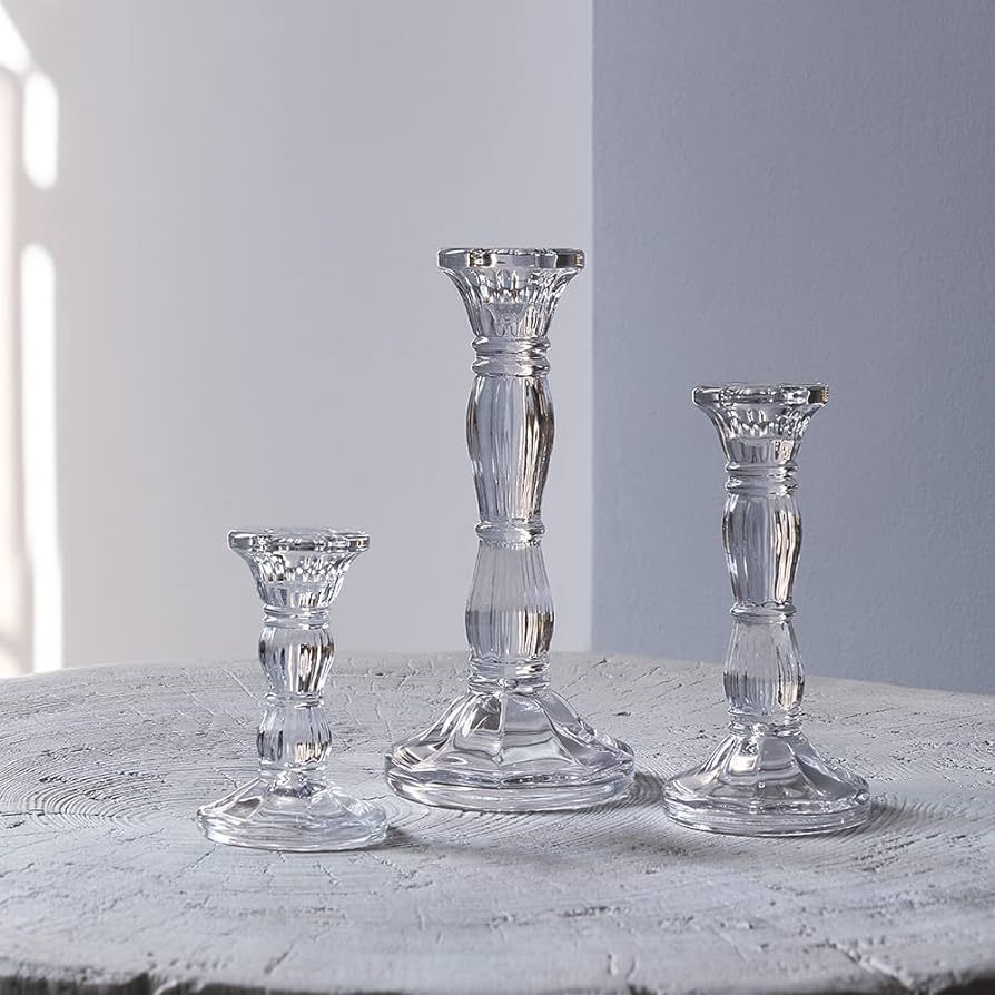 3Pack Glass Candle Stick Holders - Clear Crystal Taper Candles Holder– Table Centerpieces for B... | Amazon (US)