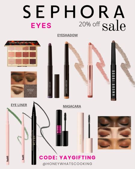 Sephora sale 20% off use code YAYGIFTING. 

Tarte pallete and toasted 

Bobby Brown eyeshadow stick and cinnamon and espresso. 

Laura Mercier eyeshadow sticks in khaki, plum, copper, forbidden rose.

Stella liquid eyeliner in black

Coffee, pencil eyeliner in green, blue, and black. 

Mascara by Lancome and rare beauty. Both are excellent. 
