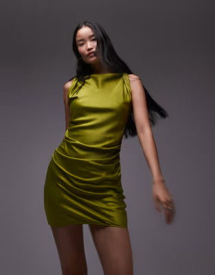 Topshop twist shoulder slip mini dress in olive | ASOS (Global)