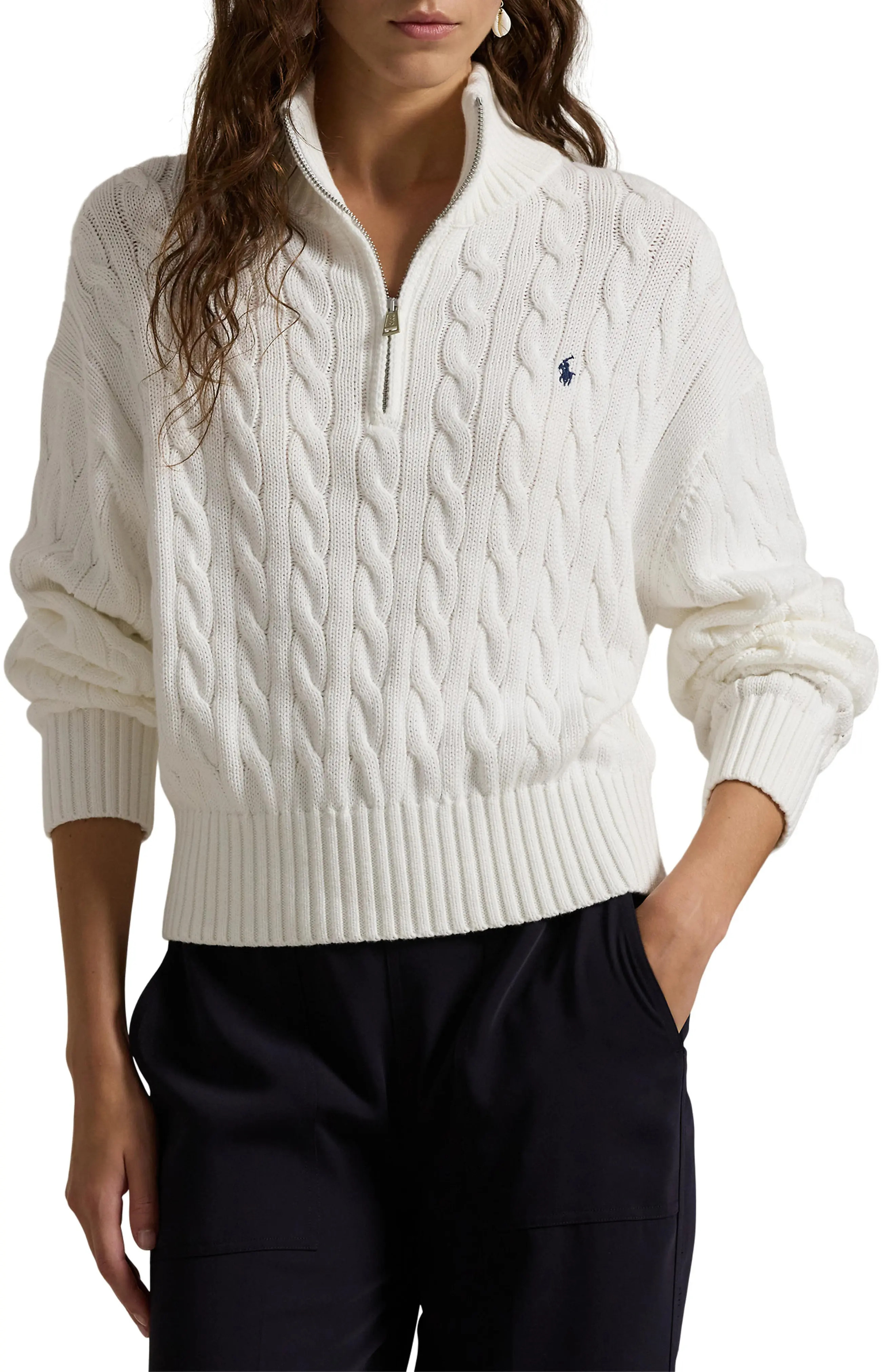 Cable Knit Cotton Polo Sweater (Women) | Nordstrom | Nordstrom