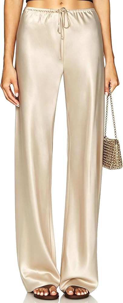 Women's Satin Wide Leg Pants Drawstring Elastic High Waisted Casual Flowy Leg Loose Straight Leg Trousers | Amazon (US)