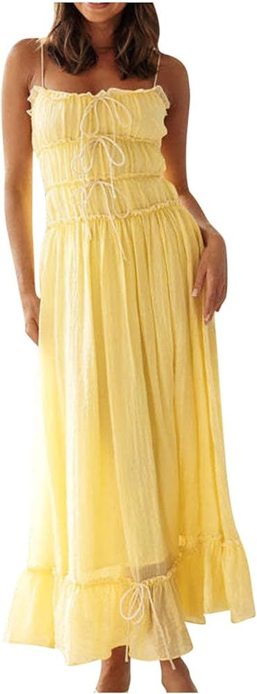 Summer Boho Dresses for Women Sexy Spaghetti Strap Ruffle Tulle Maxi Dresses 2024 Trendy Fairy Pr... | Amazon (US)