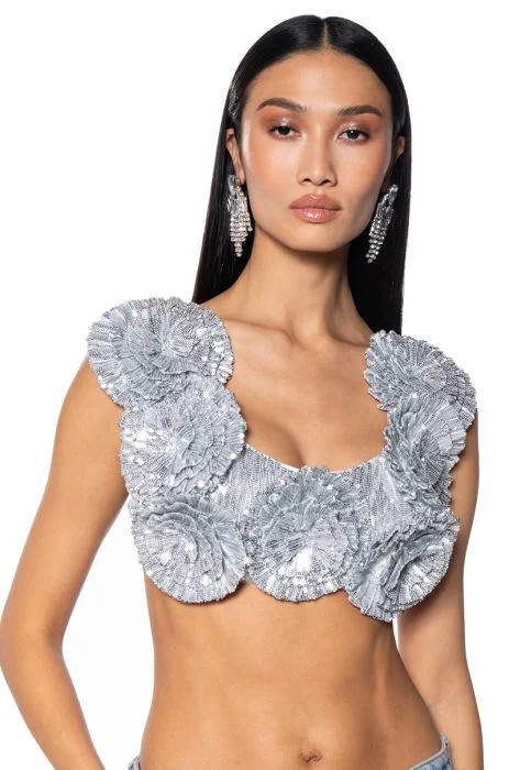 EVERY ROSE SEQUIN CROP TOP IN SILVER | AKIRA