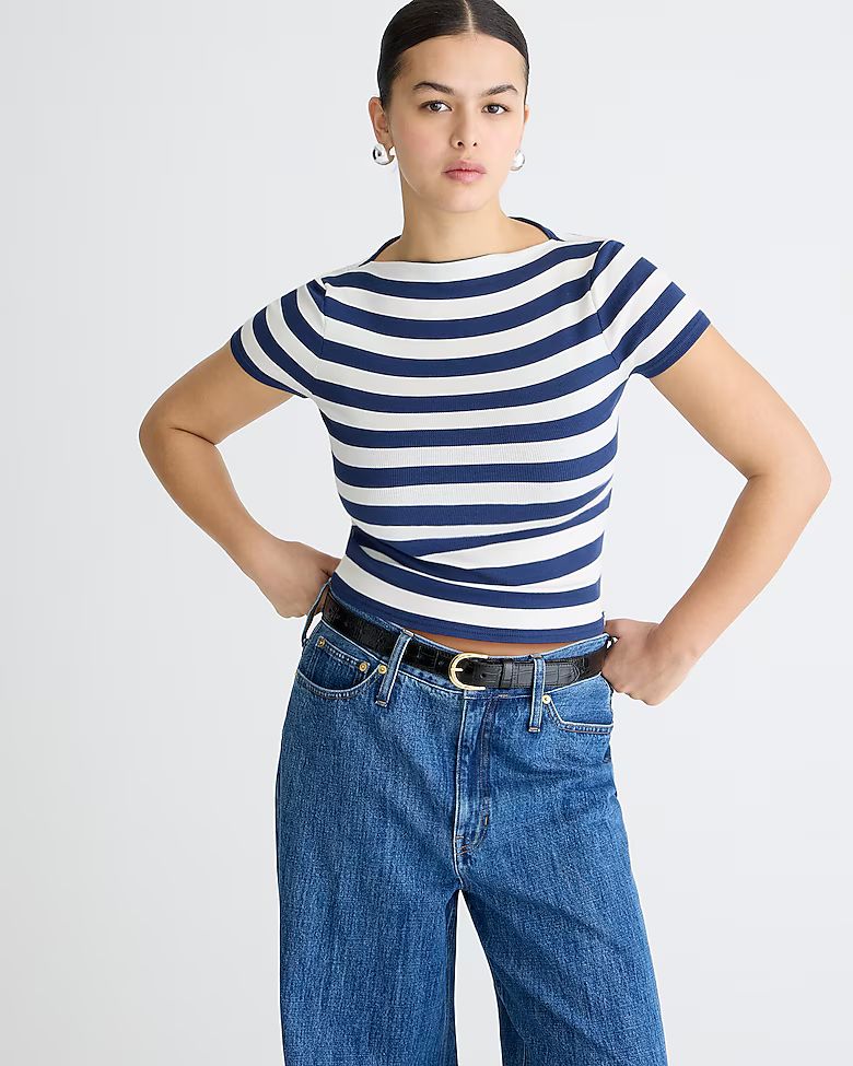 Fine-rib fitted boatneck T-shirt in stripe | J.Crew US