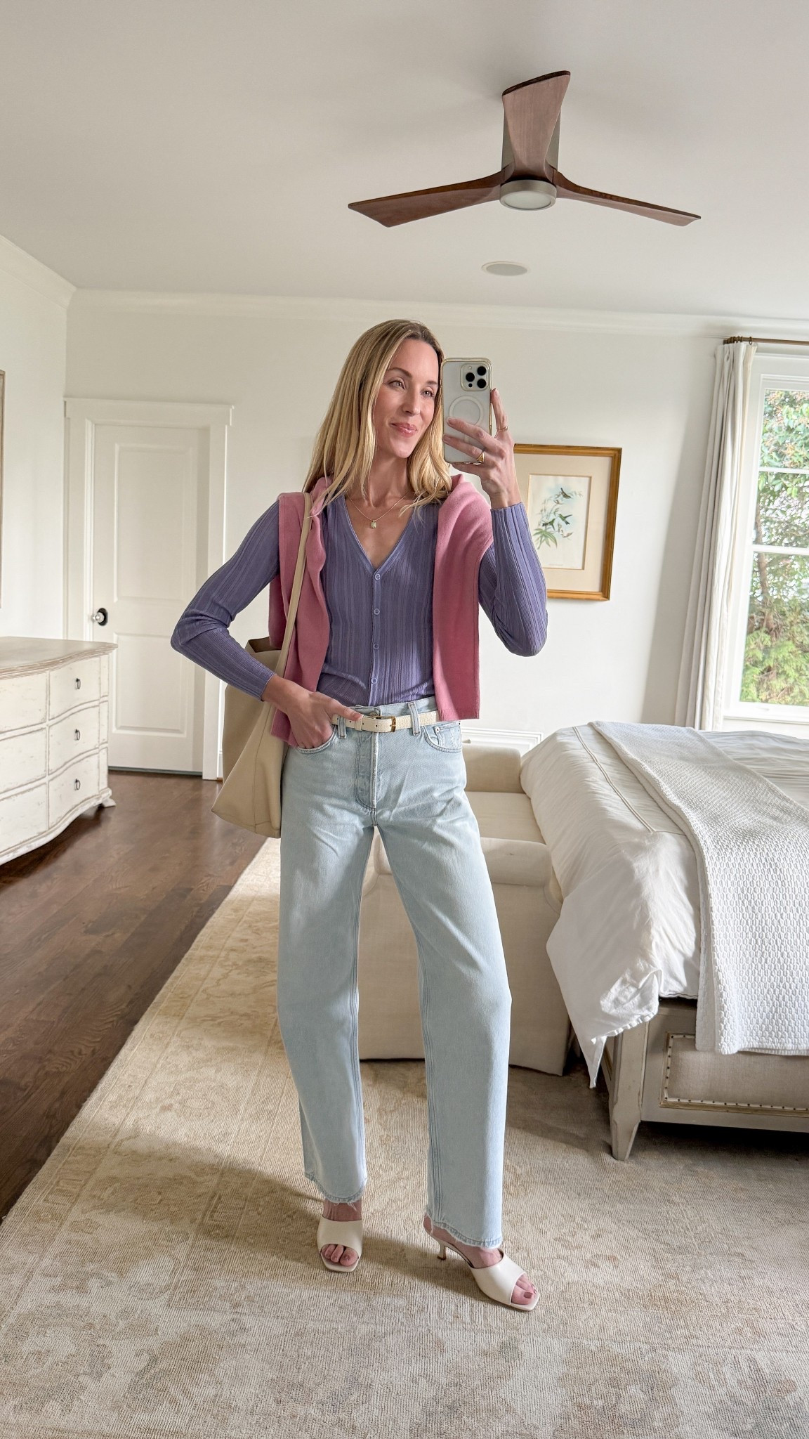 Elevated spring layering outfit 💜 S Staud pink cardigan, S Theory purple cardigan, S Nili Lotan white belt, 25 AGOLDE arc light wash jeans, @Schutz  kitten heel sandals TTS. Linked similar to recreate this look!

casual chic outfits, colorful spring outfit, spring outfits 2026, spring shoes, white tote, spring handbag, spring jeans


#LTKootd #LTKSeasonal #LTKTall