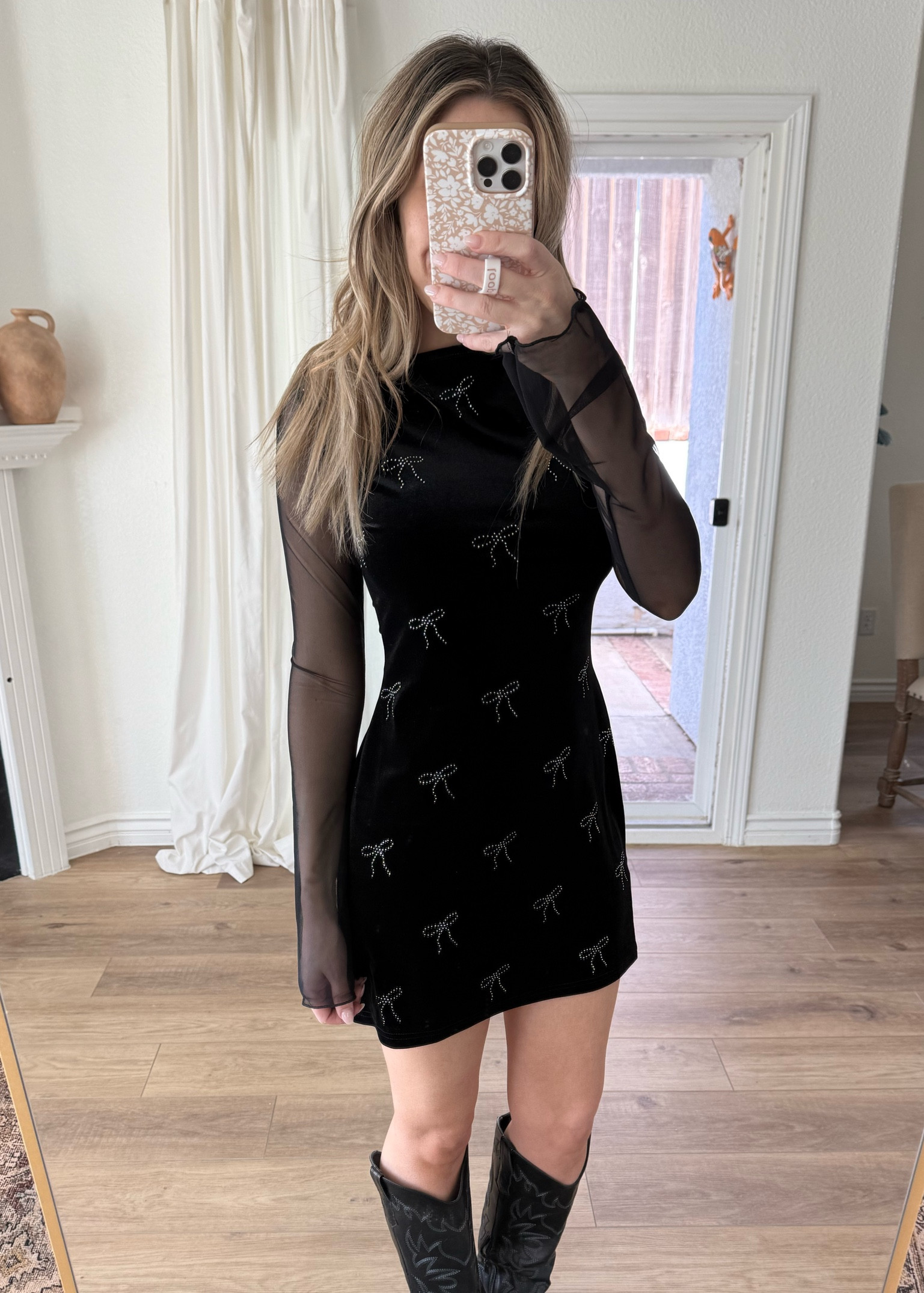 Amazon little black dress with rhinestone bows! Under $40 tts I’m in a size small
Amazon black cowboy boots are tts and so comfortable 

#LTKFindsUnder100 #LTKSaleAlert #LTKFindsUnder50