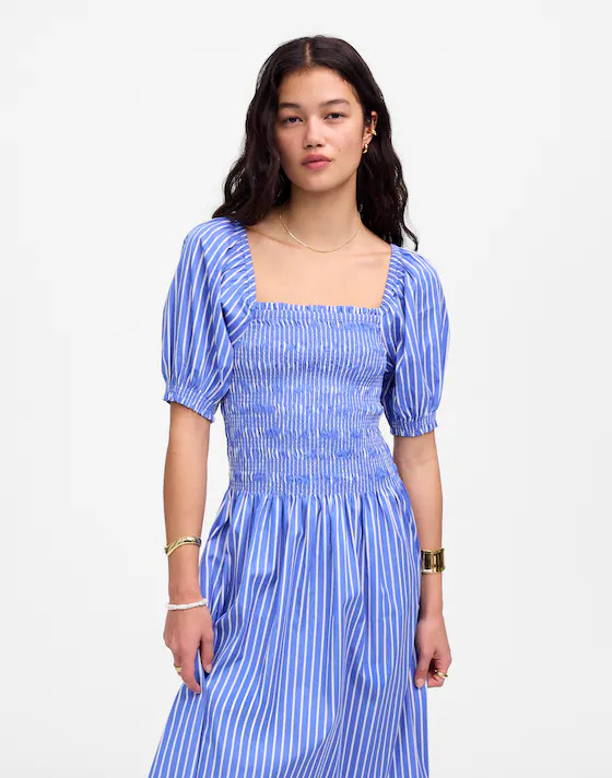Smocked Puff Sleeve Midi Dress in Poplin | Madewell | Madewell