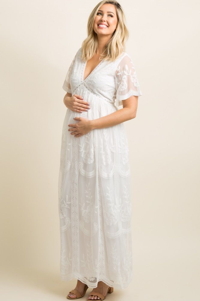 White Lace Mesh Overlay Maternity Maxi Dress | PinkBlush Maternity