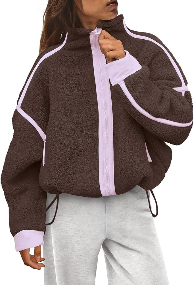 Women's Teddy Sherpa Jacket Oversized Zip Up Long Sleeve Fuzzy Fleece Coat with Pockets for Casua... | Amazon (US)
