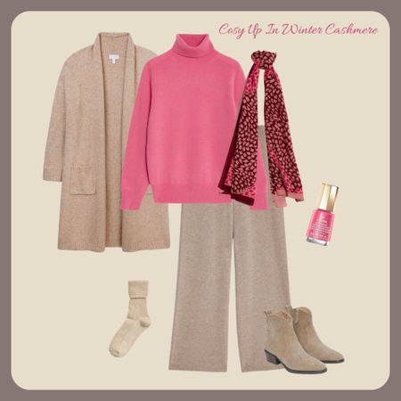 Cosy up in winter cashmere. Cashmere wide leg trousers, pink cashmere roll neck sweater, cosy wool cardigan, pink print scarf, cashmere socks and suede cowboy boots

#LTKstyletip #LTKSeasonal #LTKeurope