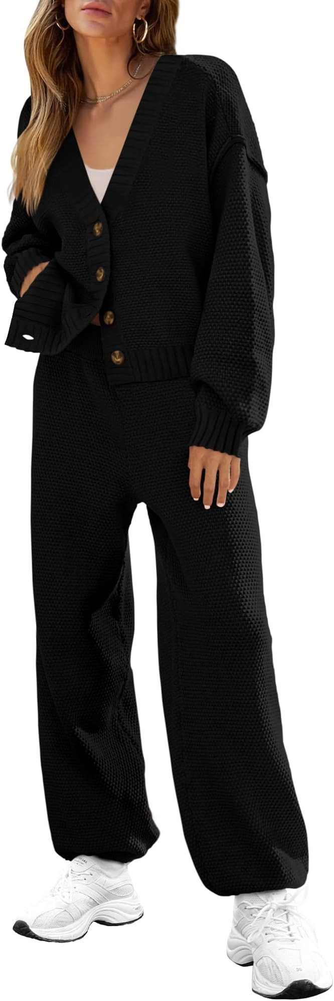 BTFBM Women 2 piece Outfits Fall Knit Sweater Sets Loose Casual Button Down Cardigan Long Pants M... | Amazon (US)