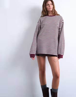 Topshop stripe long sleeve slouchy skater tee in burgundy | ASOS (Global)