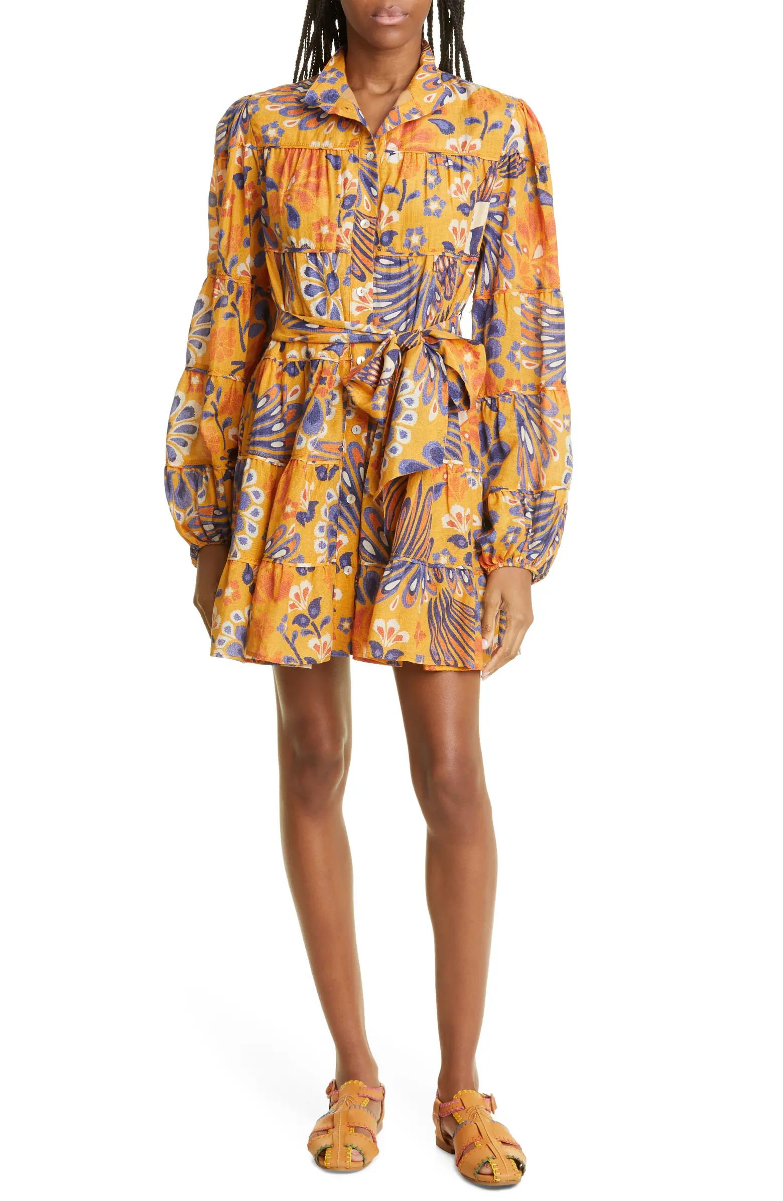 FARM Rio Pineapple Flowers Tiered Long Sleeve Shirtdress | Nordstrom | Nordstrom
