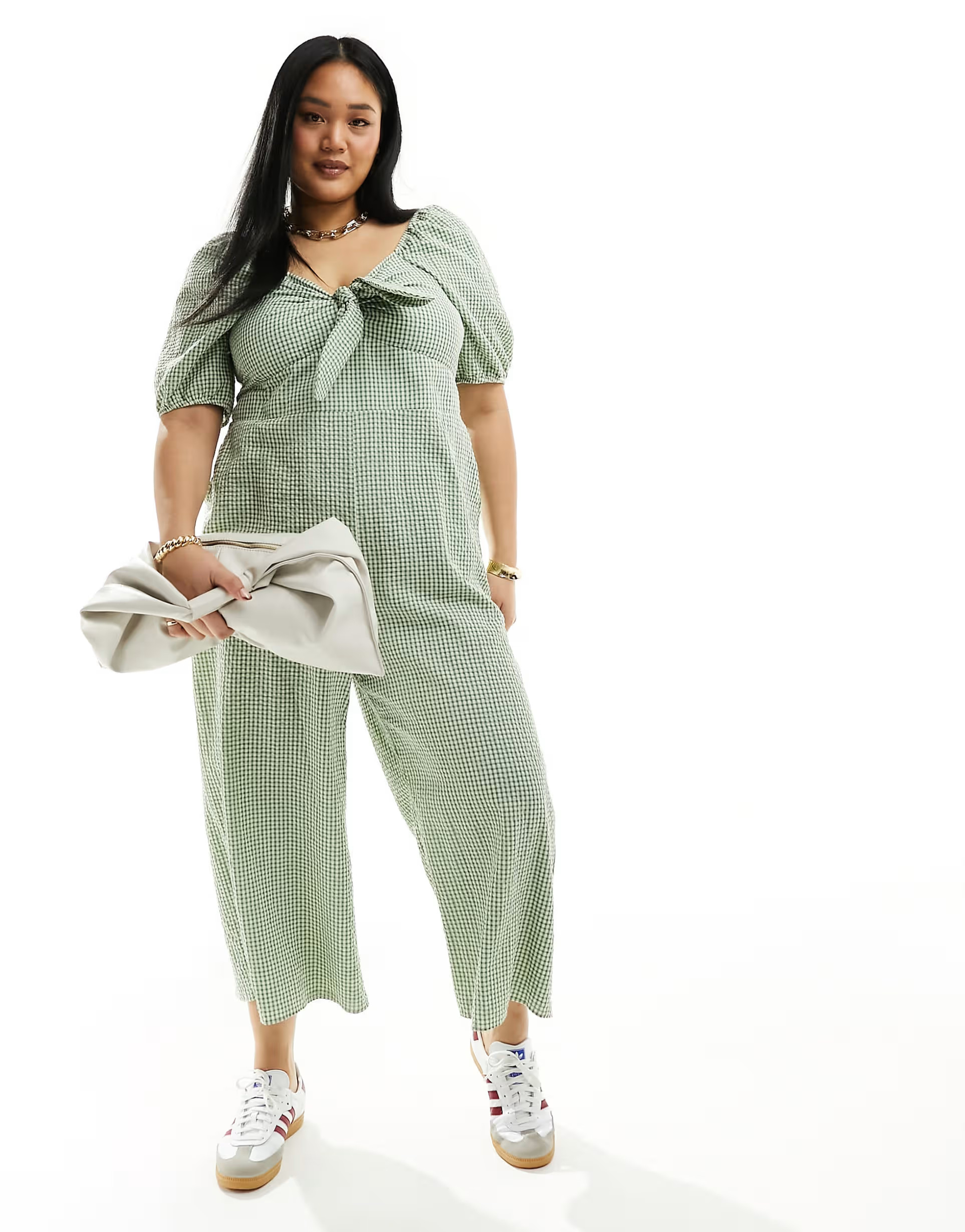 Nobody's Child Plus Simone puff sleeve wide leg jumpsuit in green gingham | ASOS (Global)