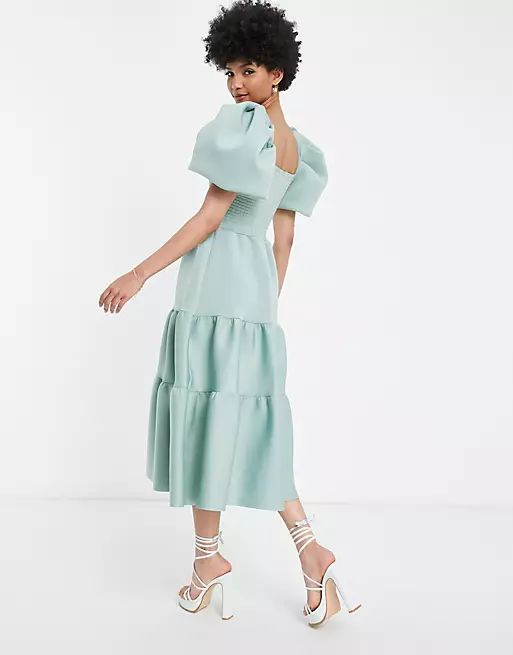 ASOS DESIGN Tall shirred puff sleeve tiered prom midi dress in frosty sage | ASOS (Global)