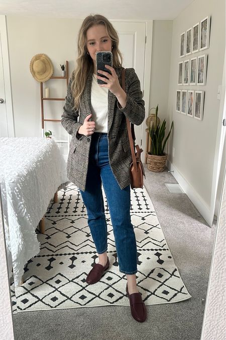 Outfit of the day. Love this brushed plaid blazer for fall. Lined and comes in sizes XXS-5x. Wearing Xs. 
Leather loafers are 40% off
#amazonfashion

#LTKstyletip #LTKSeasonal