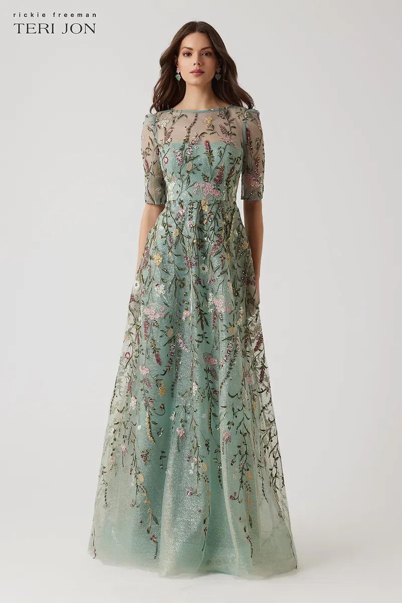 Embroidered Tulle A Line Gown | TERI JON
