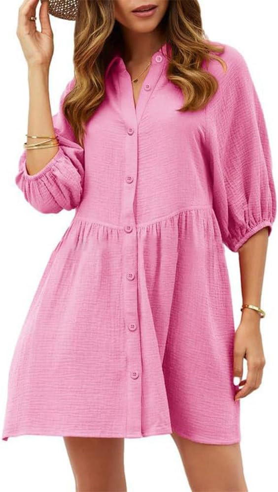 Womens Casual Midi Dress Half Sleeve Buttons Down A Line Flowy Dress Wedding Guest High Waist Ruf... | Amazon (US)