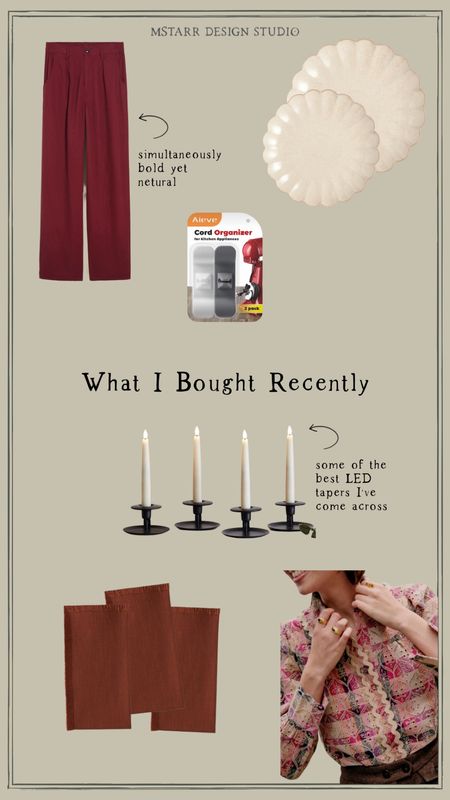 What I bought recently…merlot coloured trousers, cord organizers, led tapered candles, scalloped plates, holiday napkins and a patterned shirt. 

#worldmarket #sezaneparis #amazon #candles #trousers #kitchenorganization #scallopedplates #ledcandles

#LTKunder50 #LTKhome #LTKHoliday