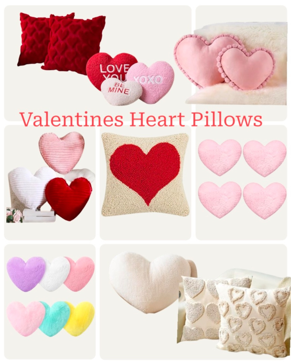 Valentines Heart Pillows - All different colors and fabrics, I love these one with pompoms and the faux rabbit fur colorful ones. 

#LTKStyleTip #LTKKids #LTKHome