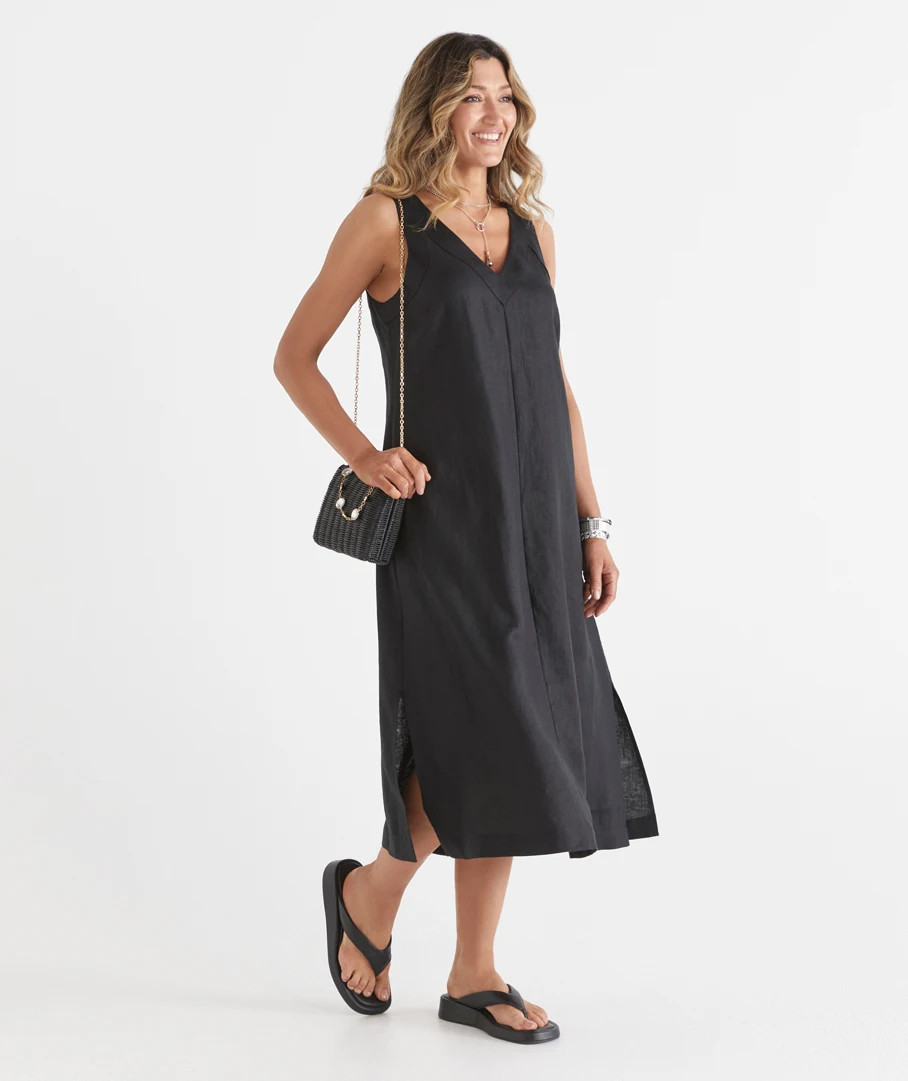 Linen V Neck Column Sleeveless Maxi Dress | Sussan