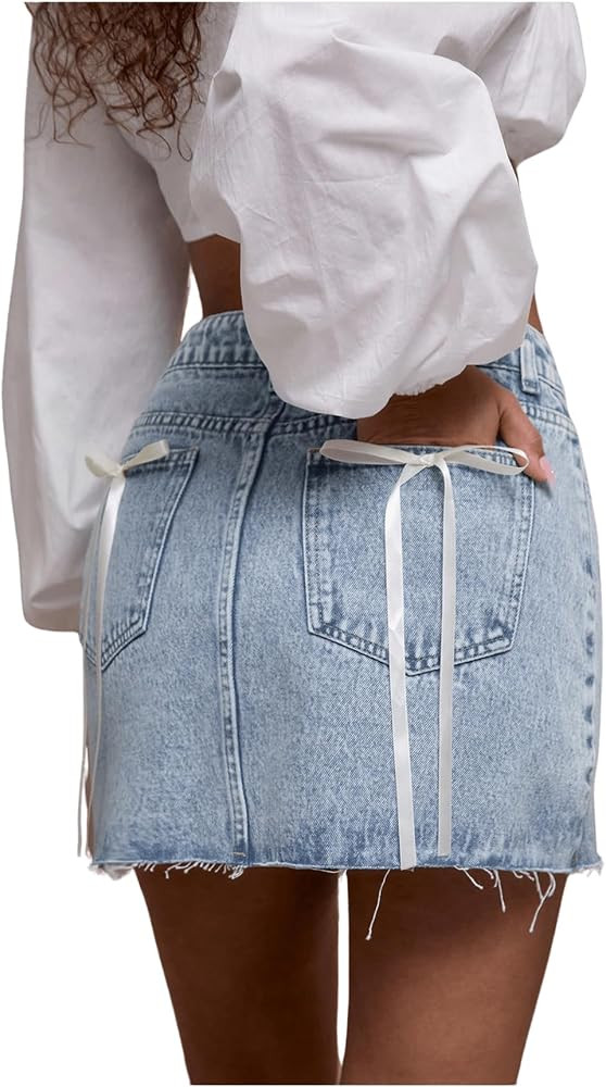 Milumia Women's Bow Back Raw Hem Denim Mini Skirt Low Waist Short Jean Skirts | Amazon (US)