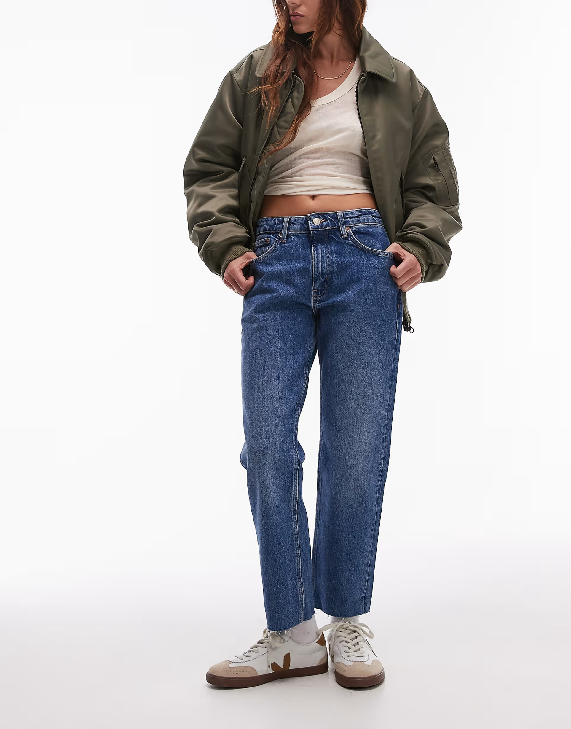 Topshop mid rise Straight jeans with raw hem in mid blue | ASOS (Global)