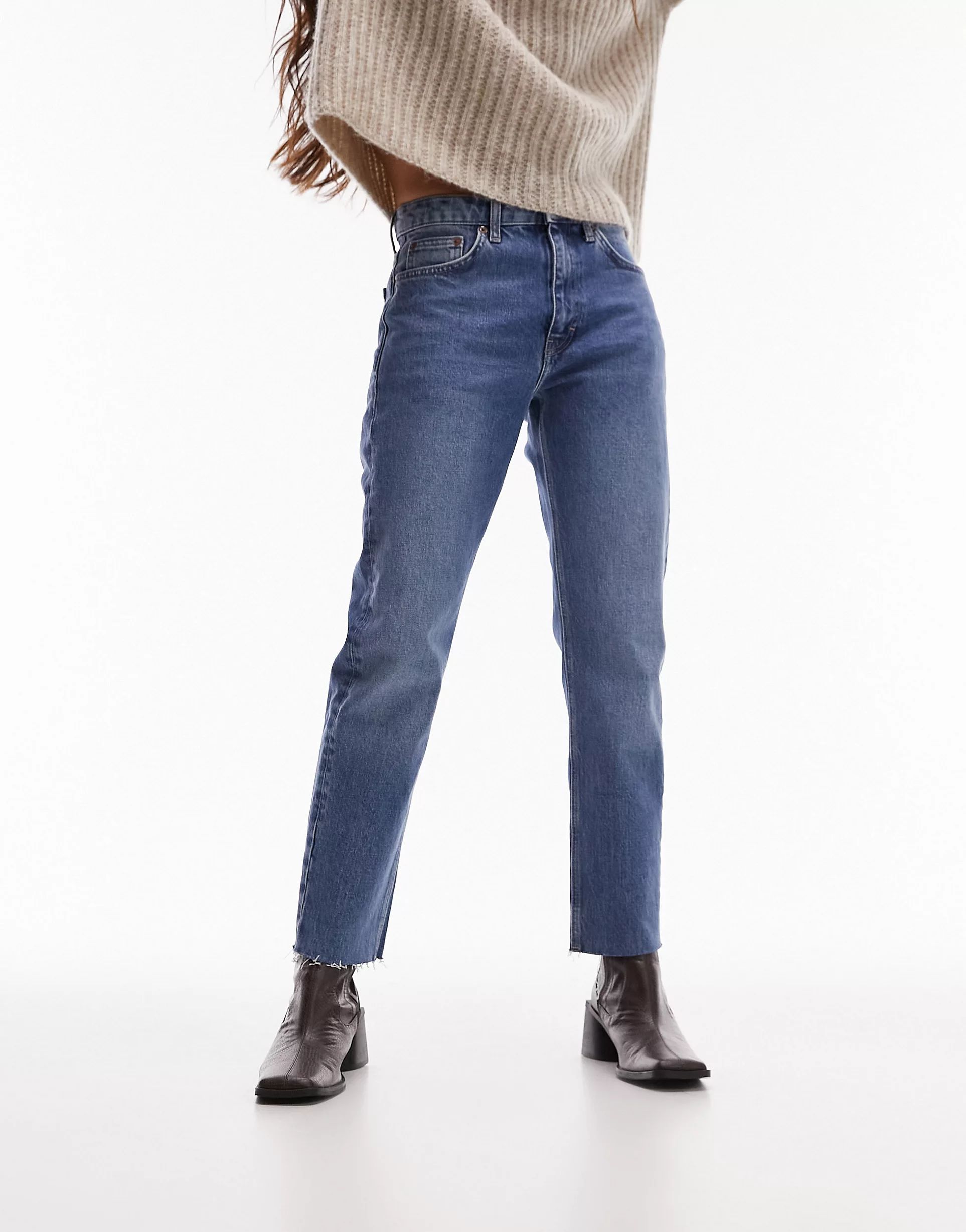 Topshop mid rise Straight jeans with raw hem in mid blue | ASOS (Global)