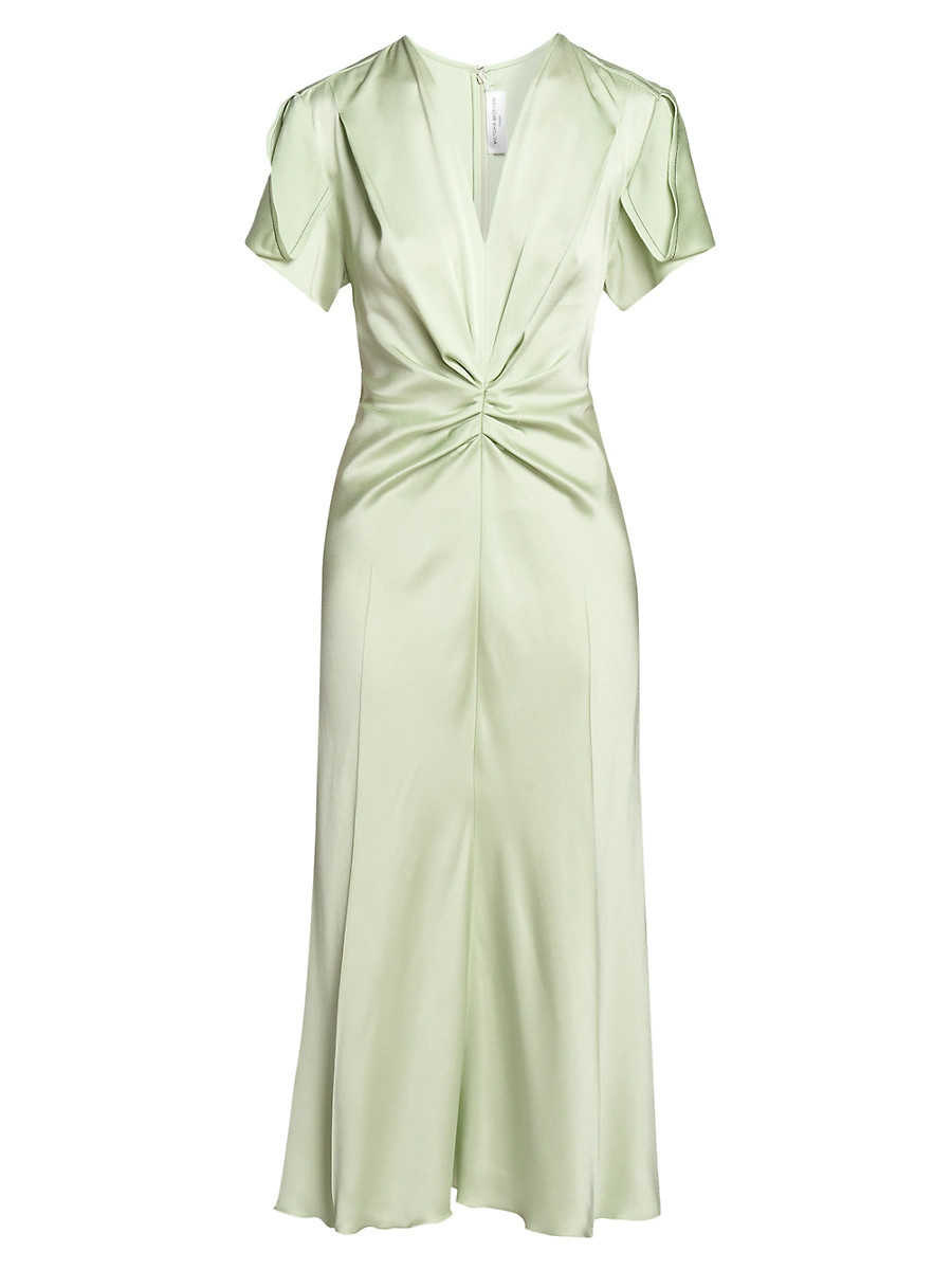 Women's Gathered Satin Crêpe V-Neck Midi-Dress - Jade - Size 10 | Saks Fifth Avenue