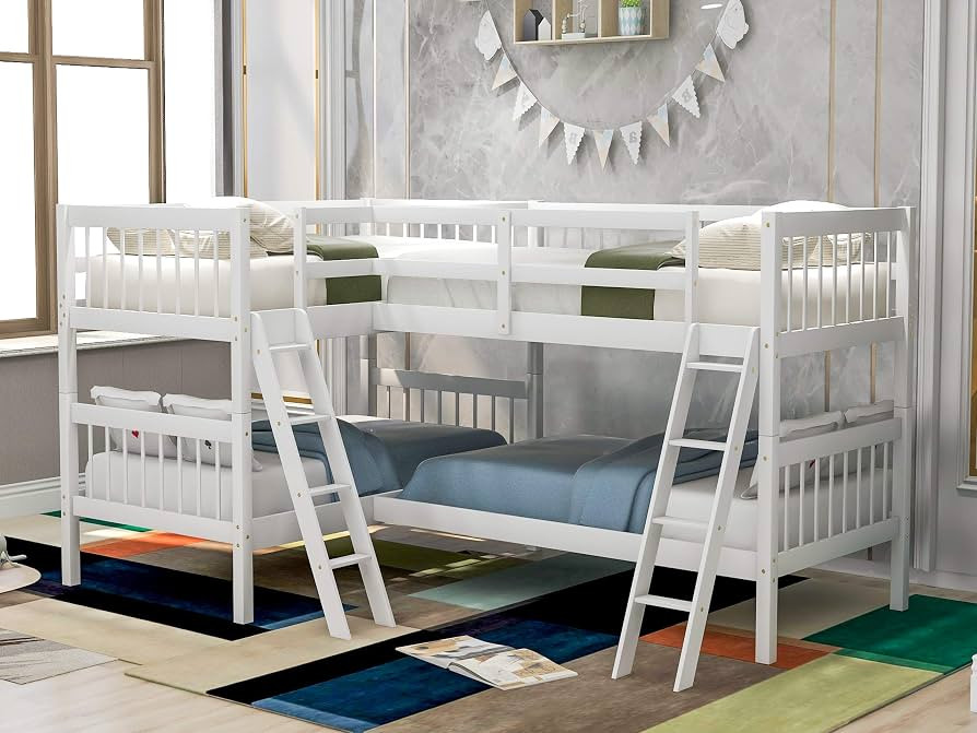 Harper & Bright Designs L-Shaped Bunk Bed Twin Over Twin, Quad Bunk Bed with Guardrail and 2 Angl... | Amazon (US)