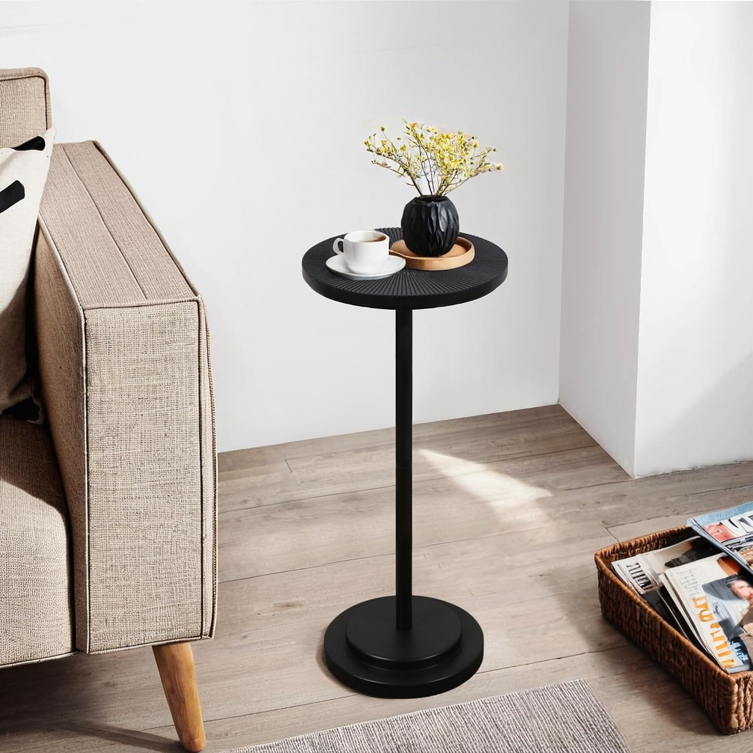 COVLON Drink Table, Carved Table Top Martini Table, Small Side Table, Weighted Base Pedestal Table for Living Room, Bedroom, Small Space, Modern, Black | Amazon (US)