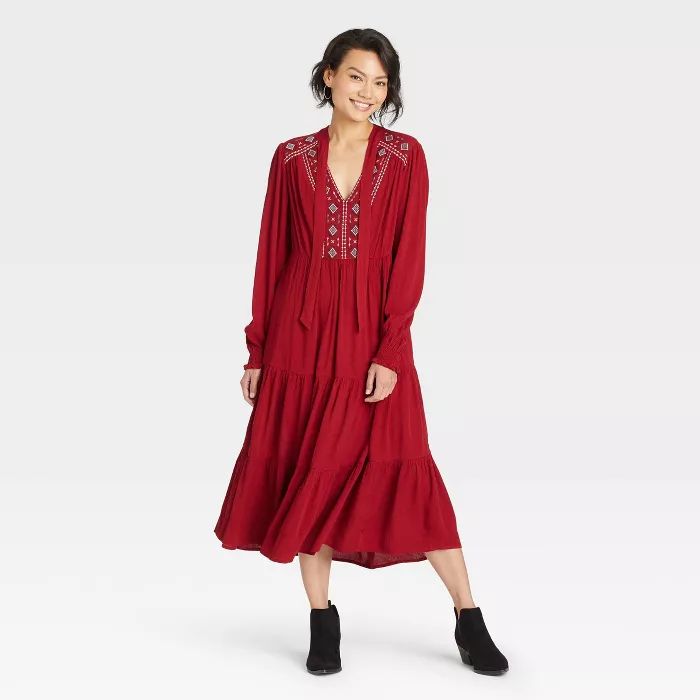 Women&#39;s Long Sleeve Embroidered Dress - Knox Rose&#8482; Red L | Target