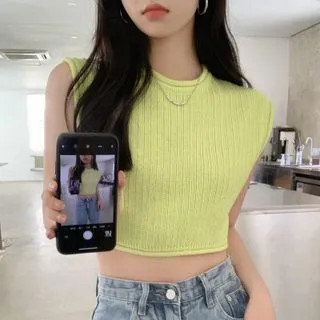 Sleeveless Mock-Neck Knit Crop Top | YesStyle Global