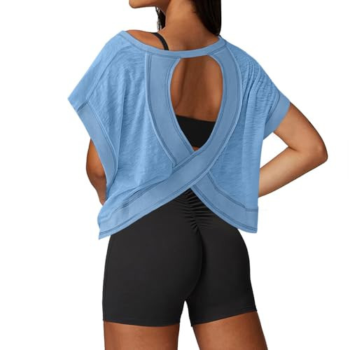 UNIANKIYA Open Back Workout Tops for Women Loose Fit Athletic Crop Tee Short Sleeve Gym Running Yoga Shirt | Amazon (US)