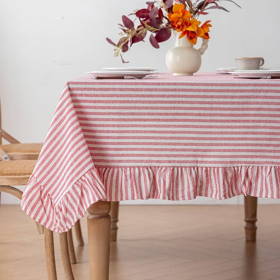 Striped Cotton Blend Tablecloth 60" \u00d7 102" Ruffled Table Cloth Washable Rectangular Fabric T... | Amazon (US)