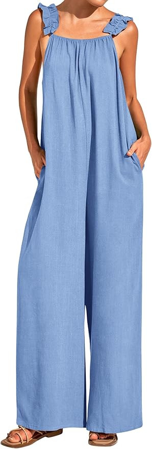 KIRUNDO Womens Overalls Summer Casual Loose Sleeveless Wide Leg Jumpsuits Ruffle Spaghetti Strap ... | Amazon (US)