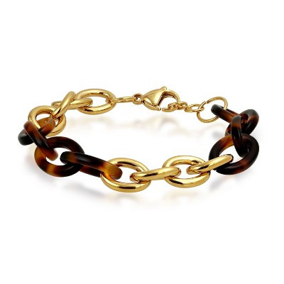 Bling Jewelry Brown Golden Acrylic Leopard Tortoise Shell Oval Chain Link Bracelet Yellow Gold Plated Stainless Steel | Target