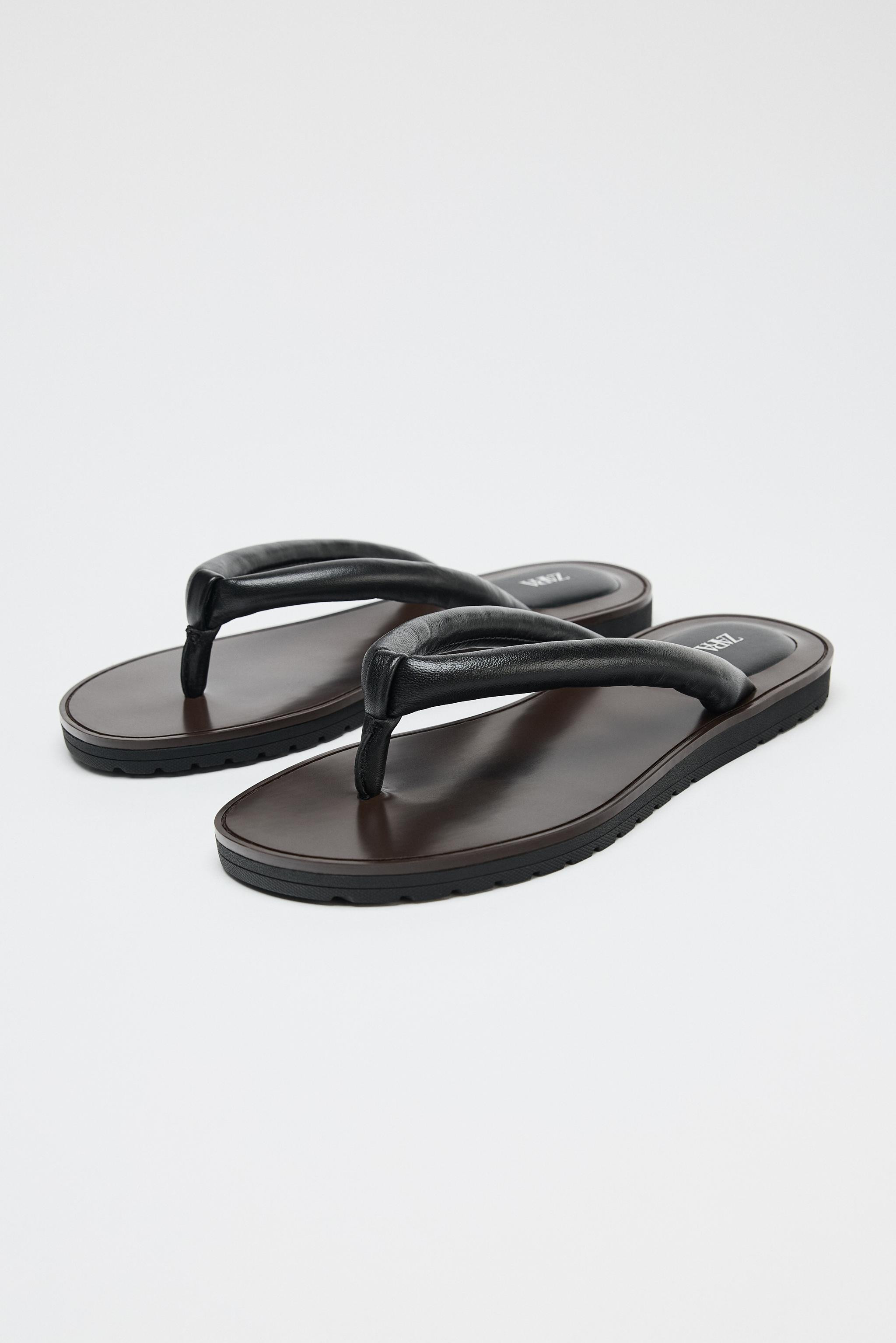 FLAT PADDED STRAP LEATHER SANDALS | Zara UK
