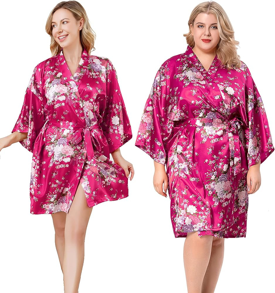 Women's Rose Flowers Silky Satin Short Kimono Robe for Wedding Getting Ready | Amazon (US)