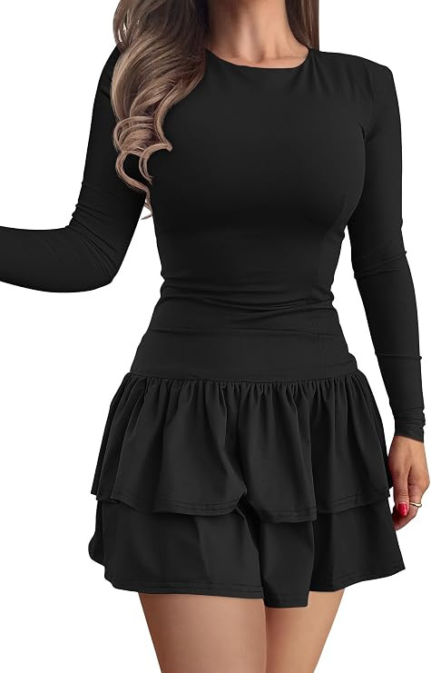 GOKATOSAU Women's Long Sleeve A-Line Y2K Ruffle Hem Short Dress | Crew Neck,Bodycon Layered Tiere... | Amazon (US)
