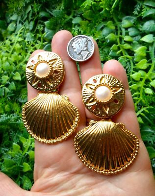 Vintage KJL for AVON gold tone faux pearl - SAND DOLLAR seashell - clip EARRINGS | eBay US