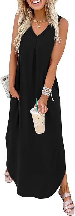 OFEEFAN Maxi Dresses for Women 2026 Loose V Neck Sleeveless Casual Beach Vacation Dress Side Slit... | Amazon (US)