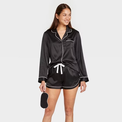 Women's 3pc Satin Long Sleeve Notch Collar Top and Shorts Pajama Set with Eye Cover - Stars Above... | Target