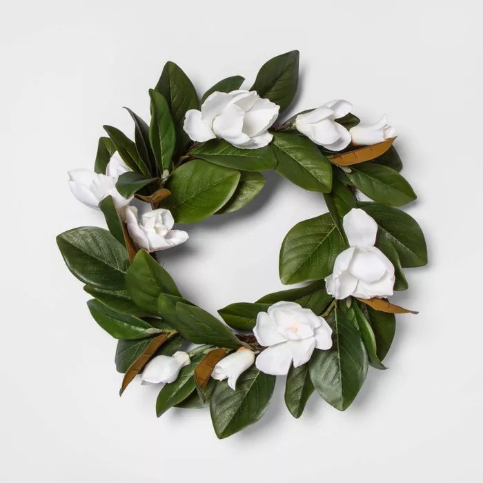 18" Artificial Magnolia Wreath Green/White - Threshold™ | Target