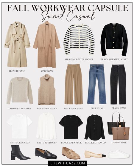 Fall workwear capsule: smart casual 

Workwear / office outfit / trench coats / jackets / jeans / trousers / tee / mock neck / cashmere sweater / boots / loafers / flats / sneakers / tote 

#LTKworkwear