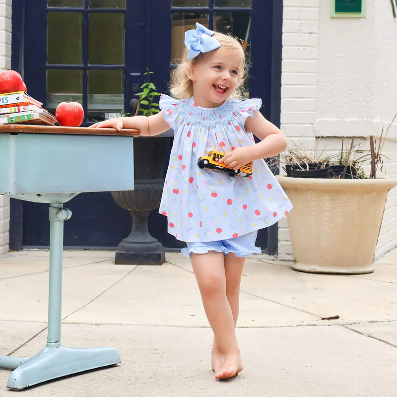 Back to School Smocked Blue Angel Sleeve Short Set | Classic Whimsy