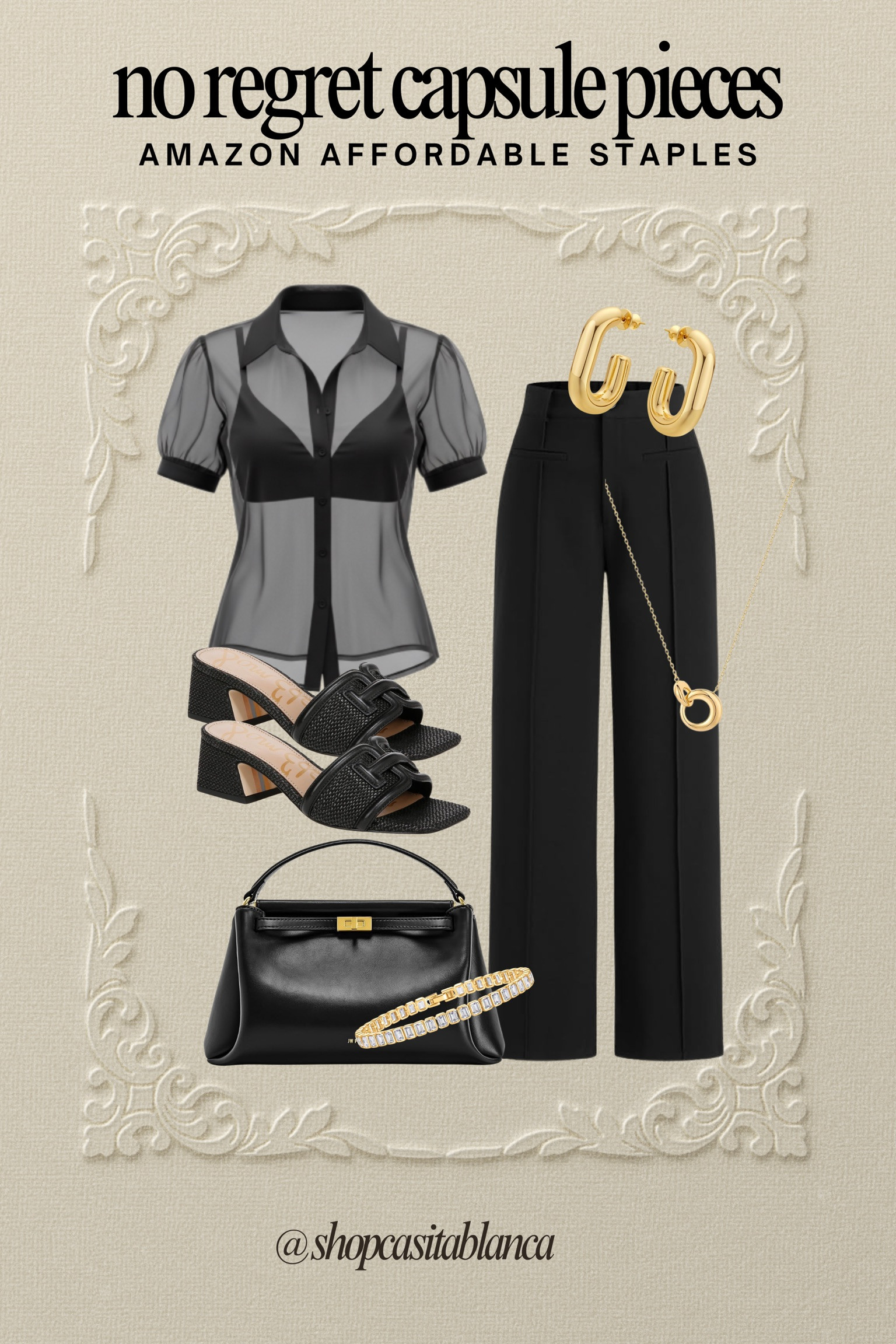 No regret capsule pieces 🖤

A tailored pair of black trousers, a chic sheer blouse, and timeless gold accents will always have a place in your wardrobe. These are the staples that instantly elevate your look — polished, feminine, and versatile enough for dinner, work, or a special event.

When you build your closet around classic silhouettes and refined accessories, getting dressed becomes simple. Add a structured black bag and sleek slides, and you have an outfit you’ll reach for year after year.

#CapsuleWardrobe #AmazonFinds #TimelessStyle #ClassicChic #NeutralFashion #ElevatedBasics #WearOnRepeat 

 #LTKSeasonal #LTKBeauty