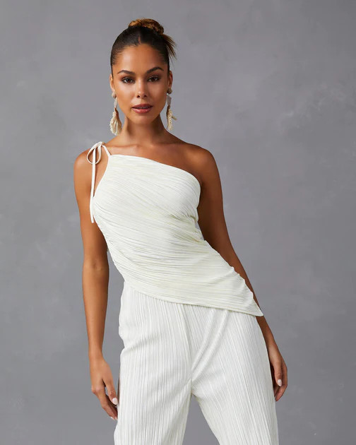 Gelsomina One Shoulder Plisse Tank - Cream | VICI